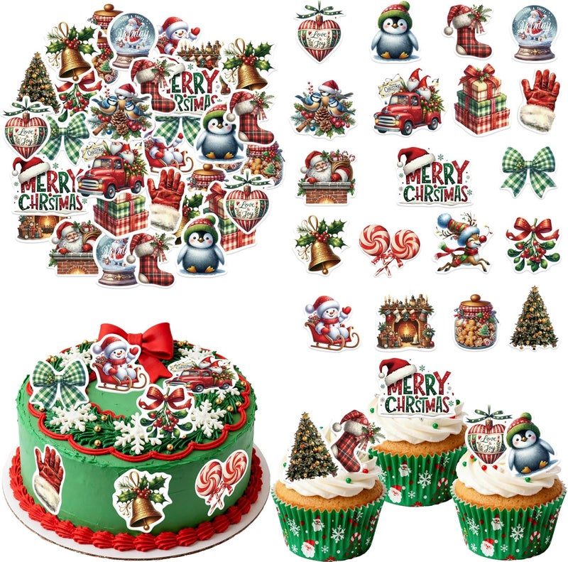 Fyeoxle 80PCS Edible Merry Christmas Cupcake Toppers Wafer Paper Santa Hat Snowman Deer Cupcake Toppers for Merry Xmas Theme Party Baby Shower Birthday Decor Supplies - Image 1